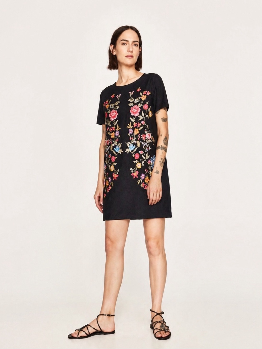 Zara Woman Black Floral Print Shift Tunic Dress SMALL Classic Boho Whimsigoth